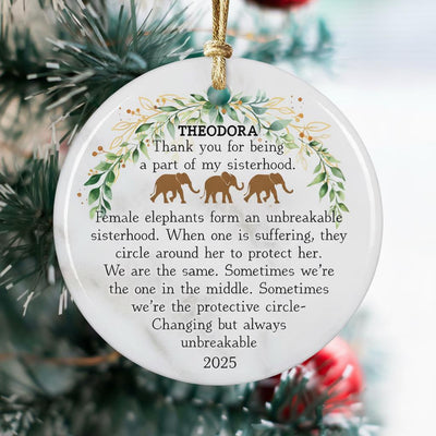 Personalized Sisterhood Elephant Ornament, Custom Name Ceramic Christmas Gift, Elephant Quote Keepsake Decor