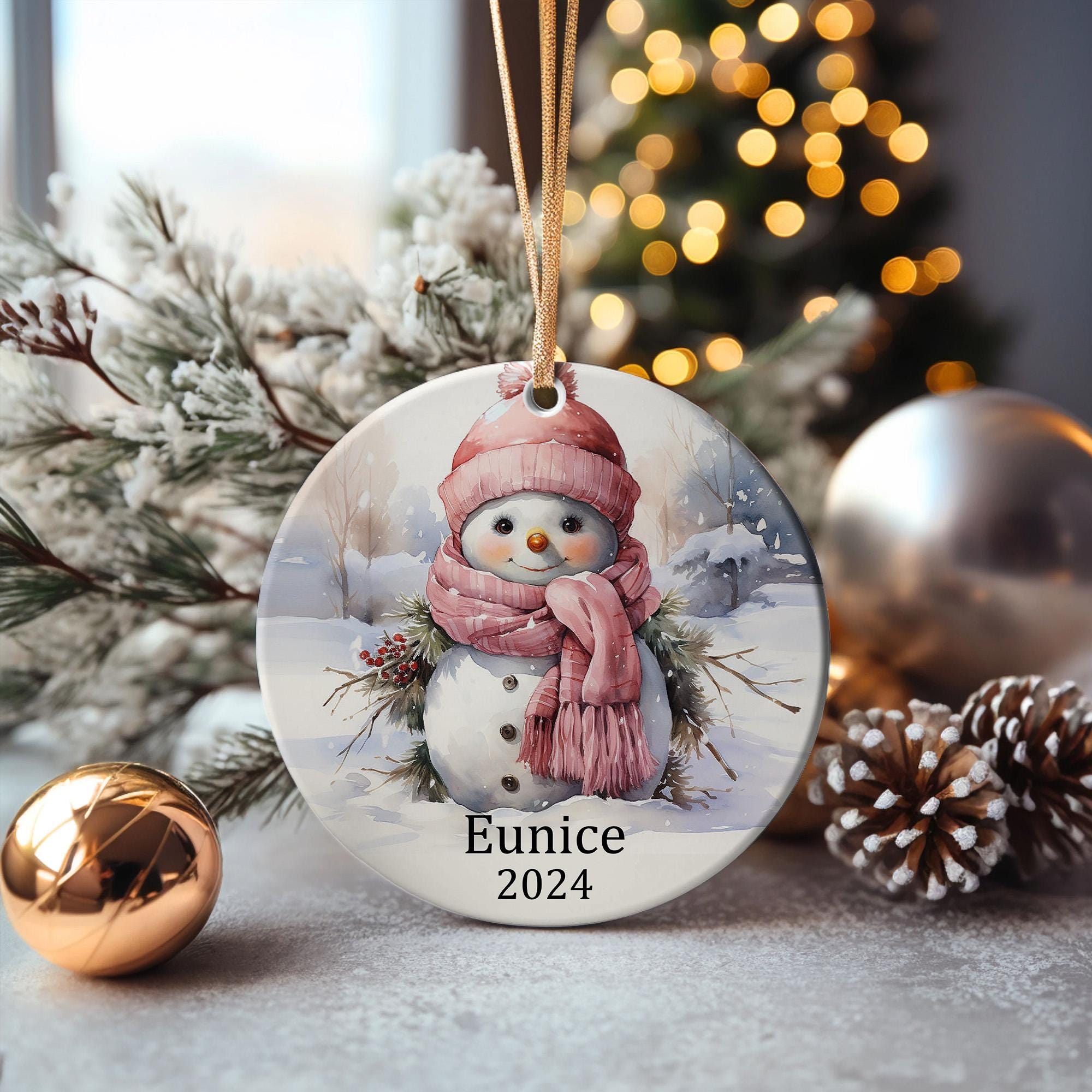 Personalized Snowman Girl Ornament, Custom Kid Name Ceramic Christmas Tree Decor