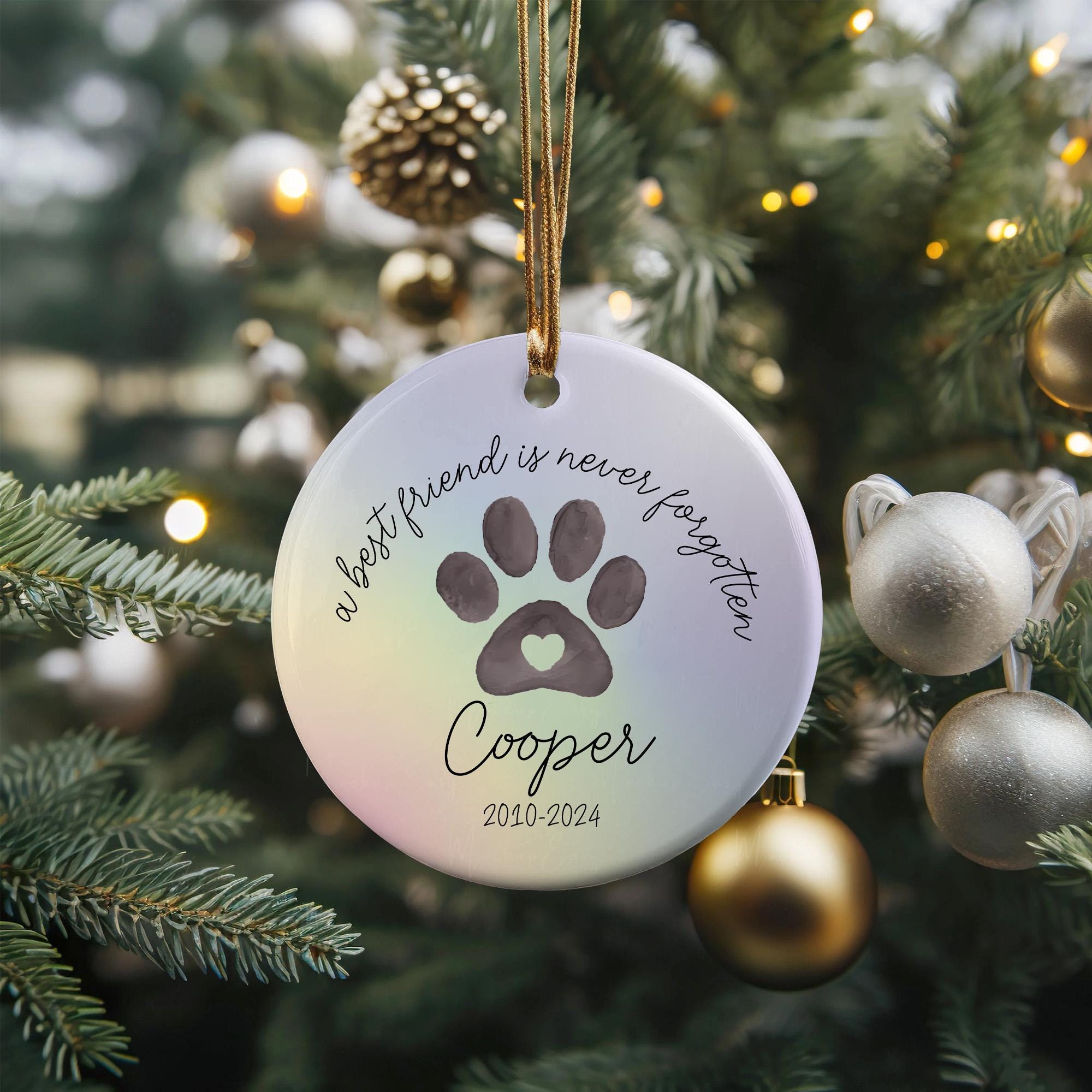 Personalized Pet Memorial Ceramic Ornament, Rainbow Paw Print Keepsake