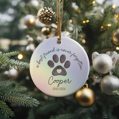 Personalized Pet Memorial Ceramic Ornament, Rainbow Paw Print Keepsake