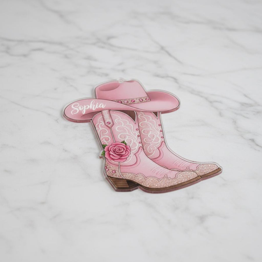 Personalized Cowgirl Christmas Ornament, Custom Pink Boots Decor, Acrylic Western Gift for Girls, Custom Name Cowgirl Holiday Keepsake