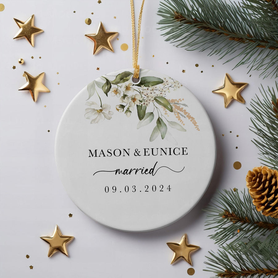 Personalized Couple Christmas Ornament, Ceramic Keepsake, Custom Names and Date